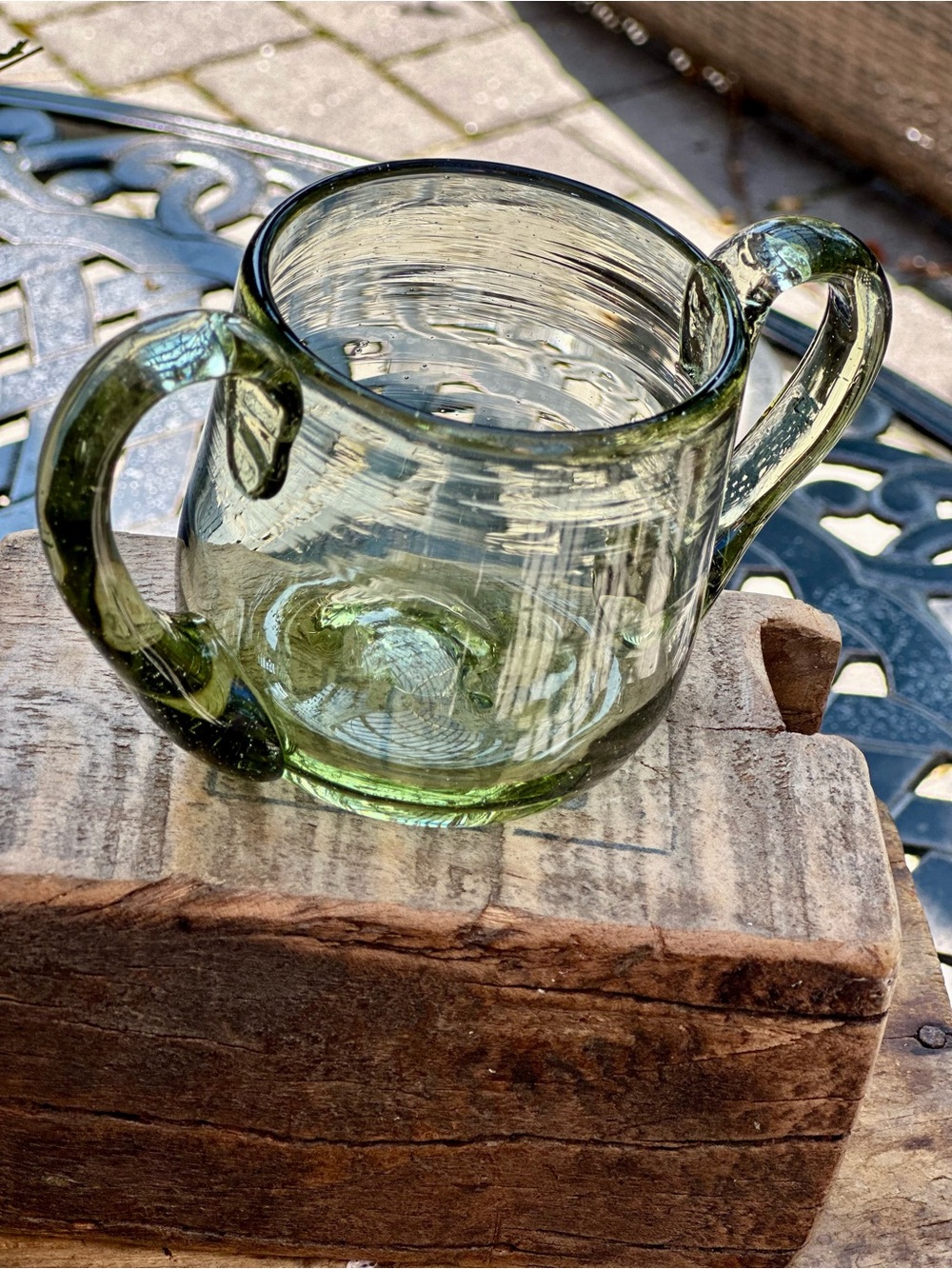 Vintage Green Art Glass Double Handle Sugar Bowl Hand Blown Style